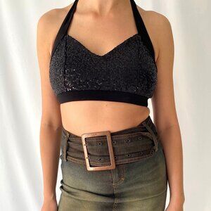 90s vintage black sequin stretchy backless festival bandeau bra halter crop top